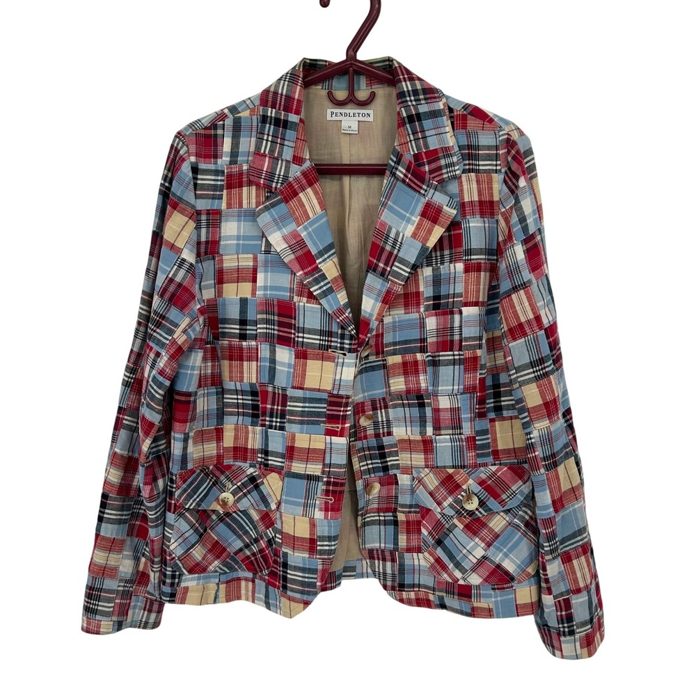 Pendleton Womens Multi Color Plaid Patchwork Cotton Blazer Jacket Size Medium